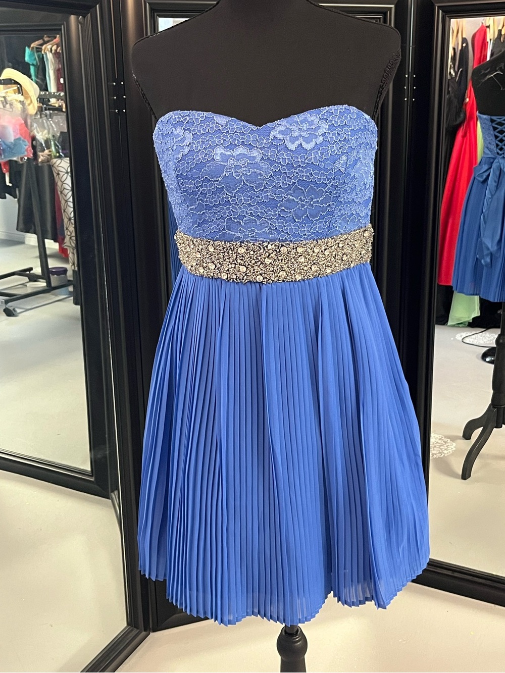 My Michelle Royal Blue Strapless Lace Prom Dress with Jeweled Waistband
